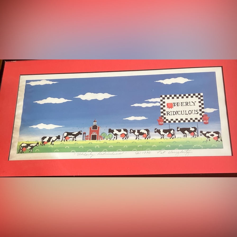 Whimsical Cow Art Print with Red matting and black frame